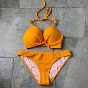 Shade & Shore Neon Orange Bikini 34D Top M Bottoms Twist Padded Sexy Strappy NEW